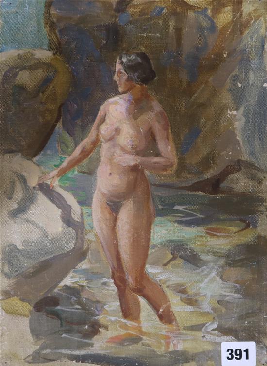 Reginald Robert Tomlinson (b.1885) oil on canvas board, Nude in a rock pool, 35 x 25cm.